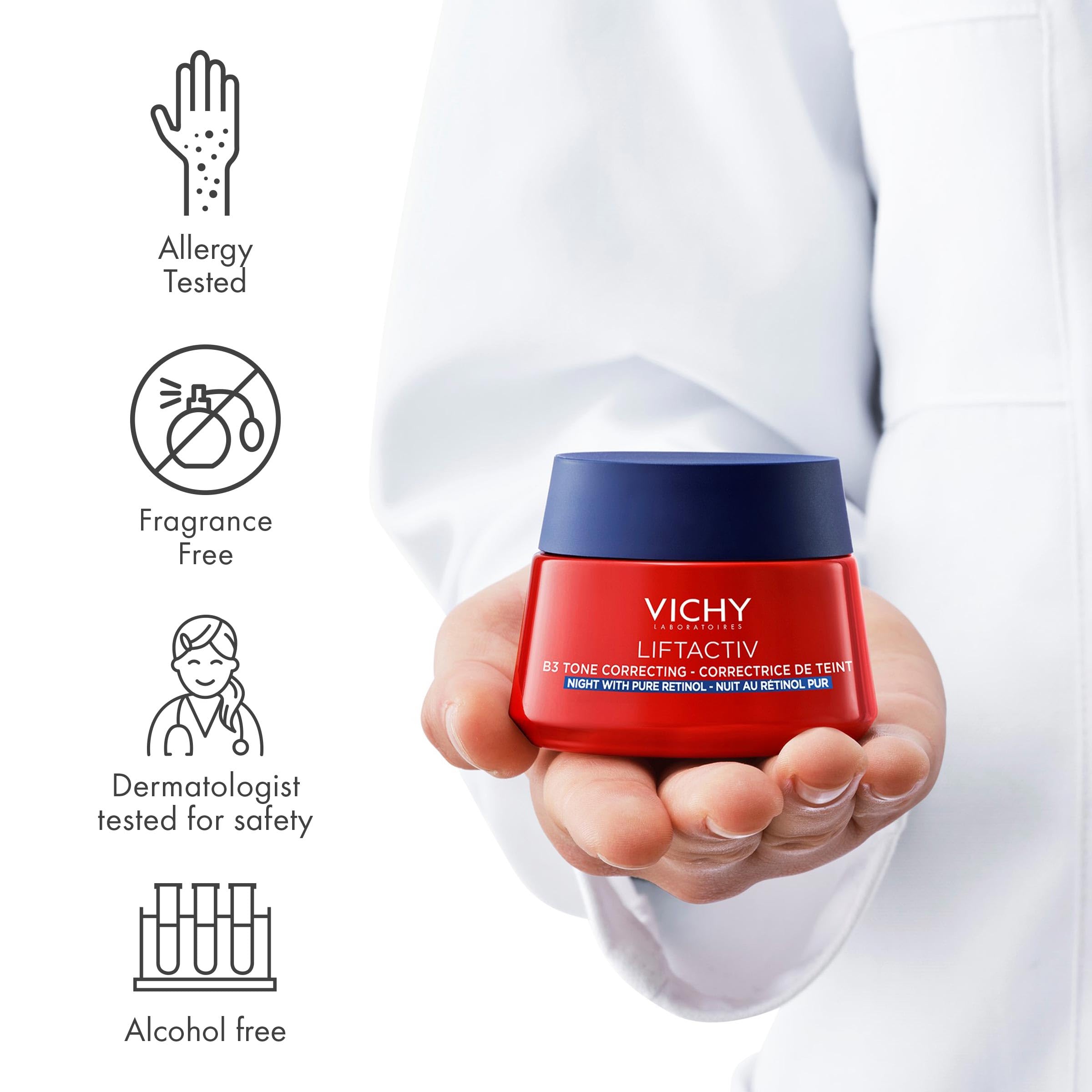 VICHY Liftactiv B3 Tone Correcting Night Cream box and tube displayed on countertop