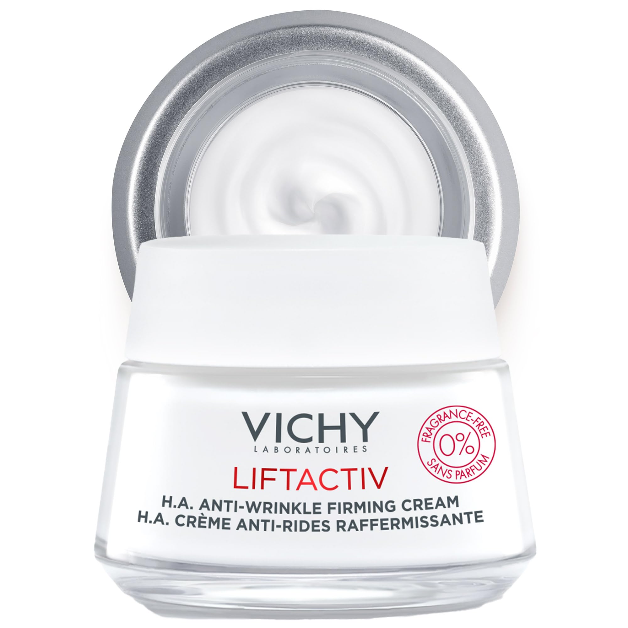 VICHY LiftActiv H.A. cream bottle close-up showing fragrance-free formula for sensitive skin.