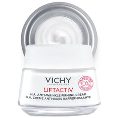 VICHY LiftActiv H.A. cream bottle close-up showing fragrance-free formula for sensitive skin.