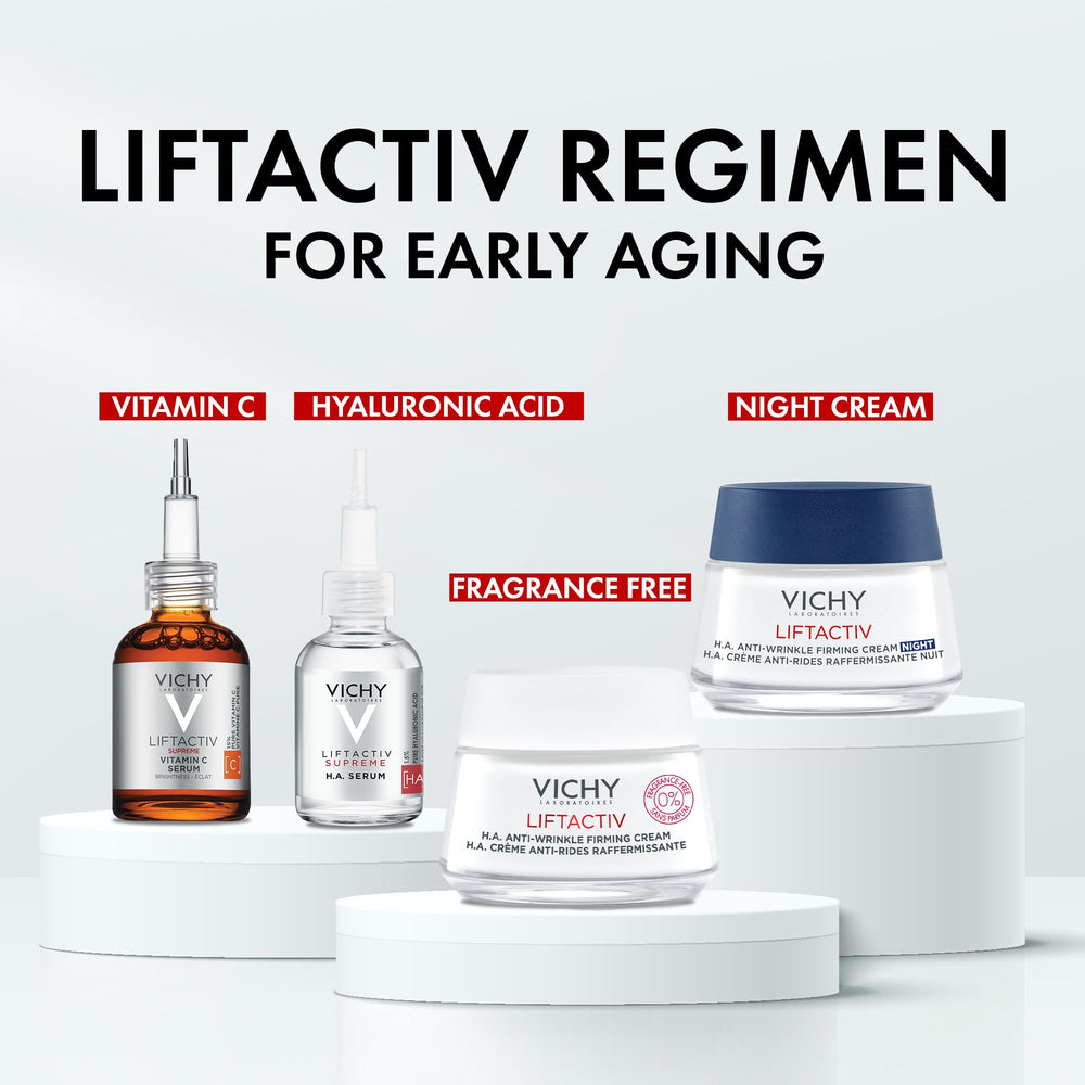 Daily routine with VICHY LiftActiv H.A. cream for radiant skin.