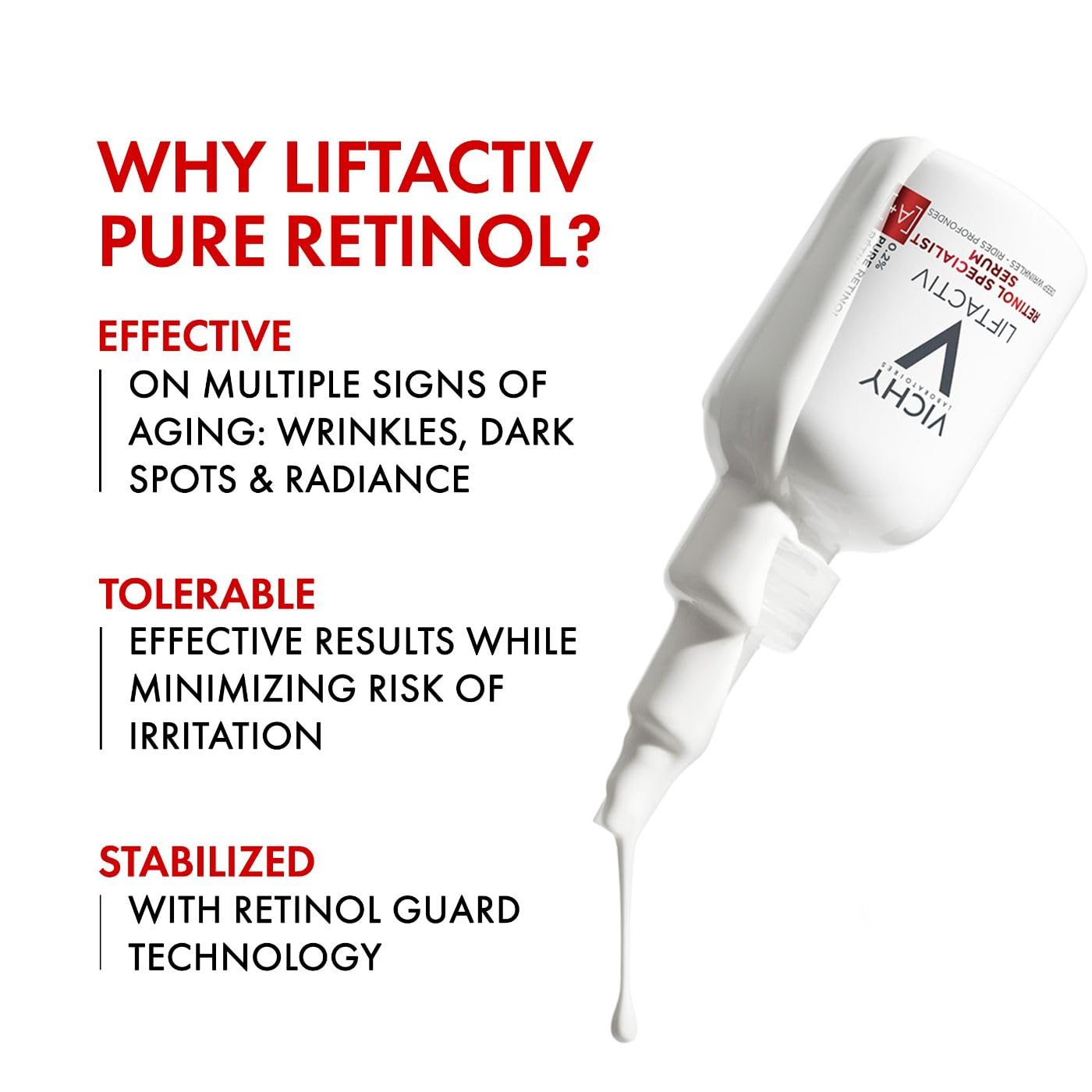 Vichy LiftActiv Pure Retinol Serum on face, suggesting firming and skin-refresh benefits