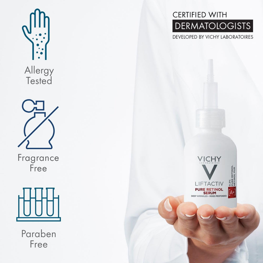 Vichy LiftActiv Pure Retinol Serum night routine, showing gradual nightly usage for results