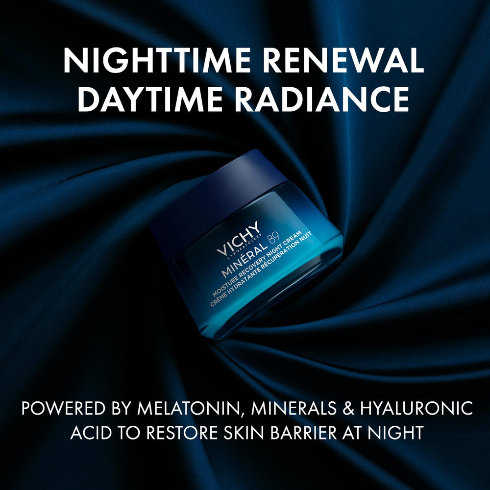 VICHY Minéral 89 Night Cream jar close-up shows non-greasy texture