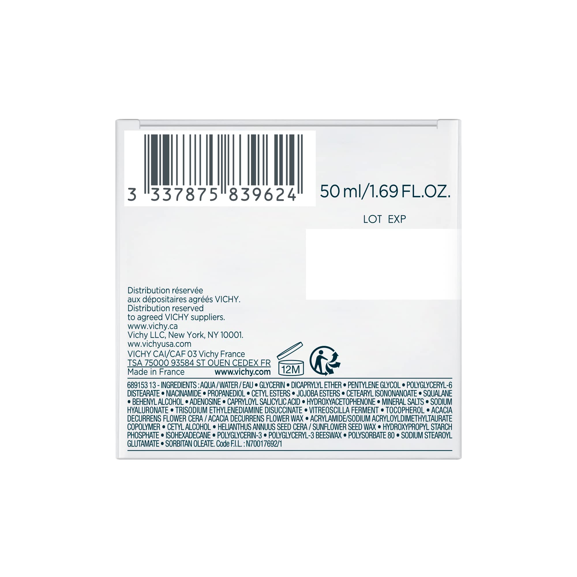 VICHY Mineral 89 fragrance-free formula on sensitive skin testing label.