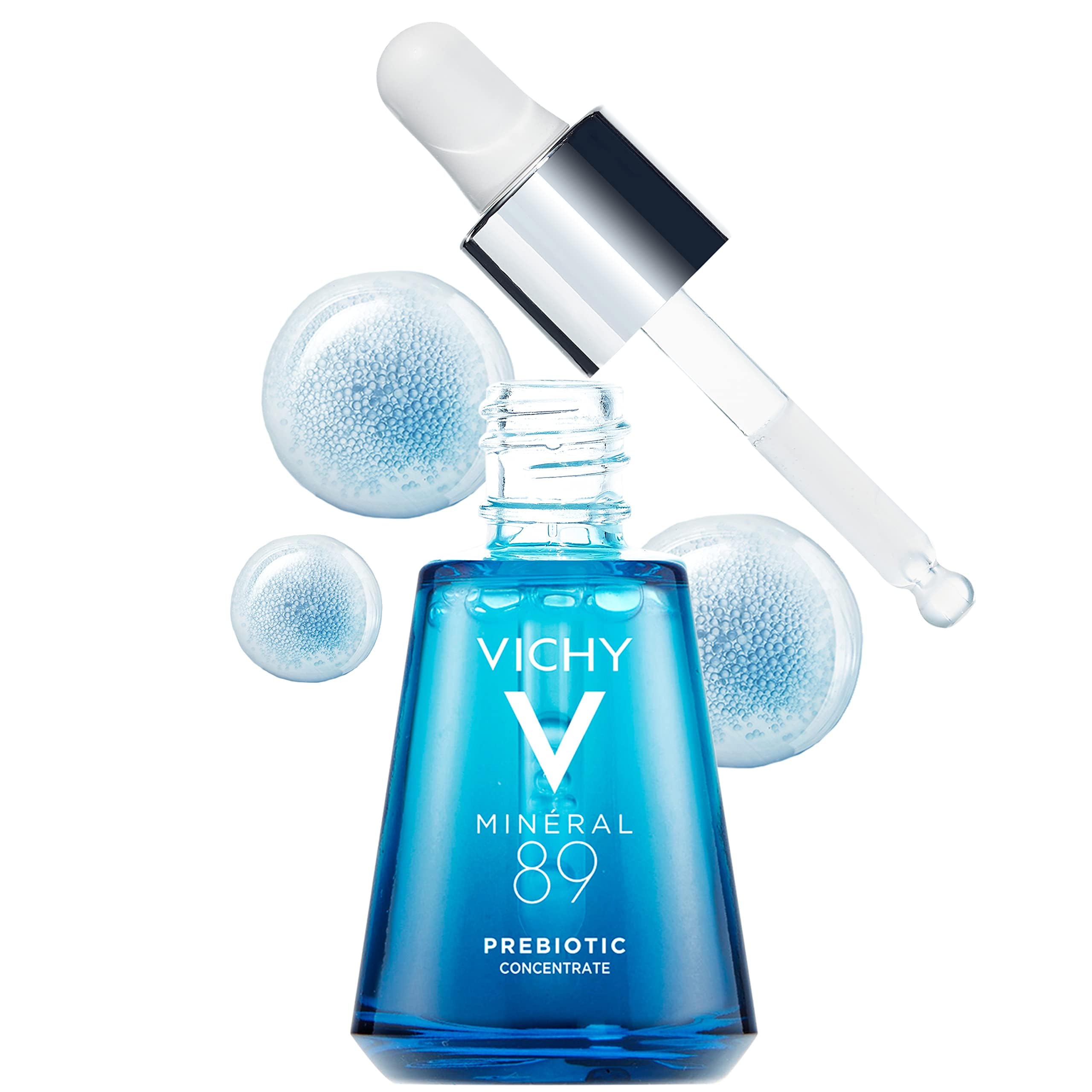 Vichy Mineral 89 serum bottle close-up shows hydrating barrier-supporting formula.