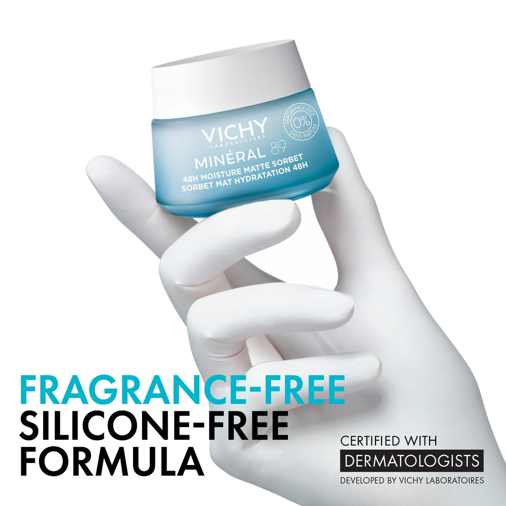 Fragrance-free VICHY Minéral 89 Sorbet packaging for sensitive skin
