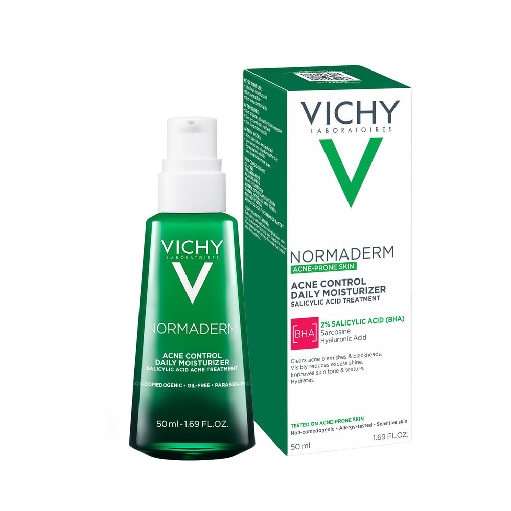 Blemish close-up context with Vichy Normaderm targeting visible spots.