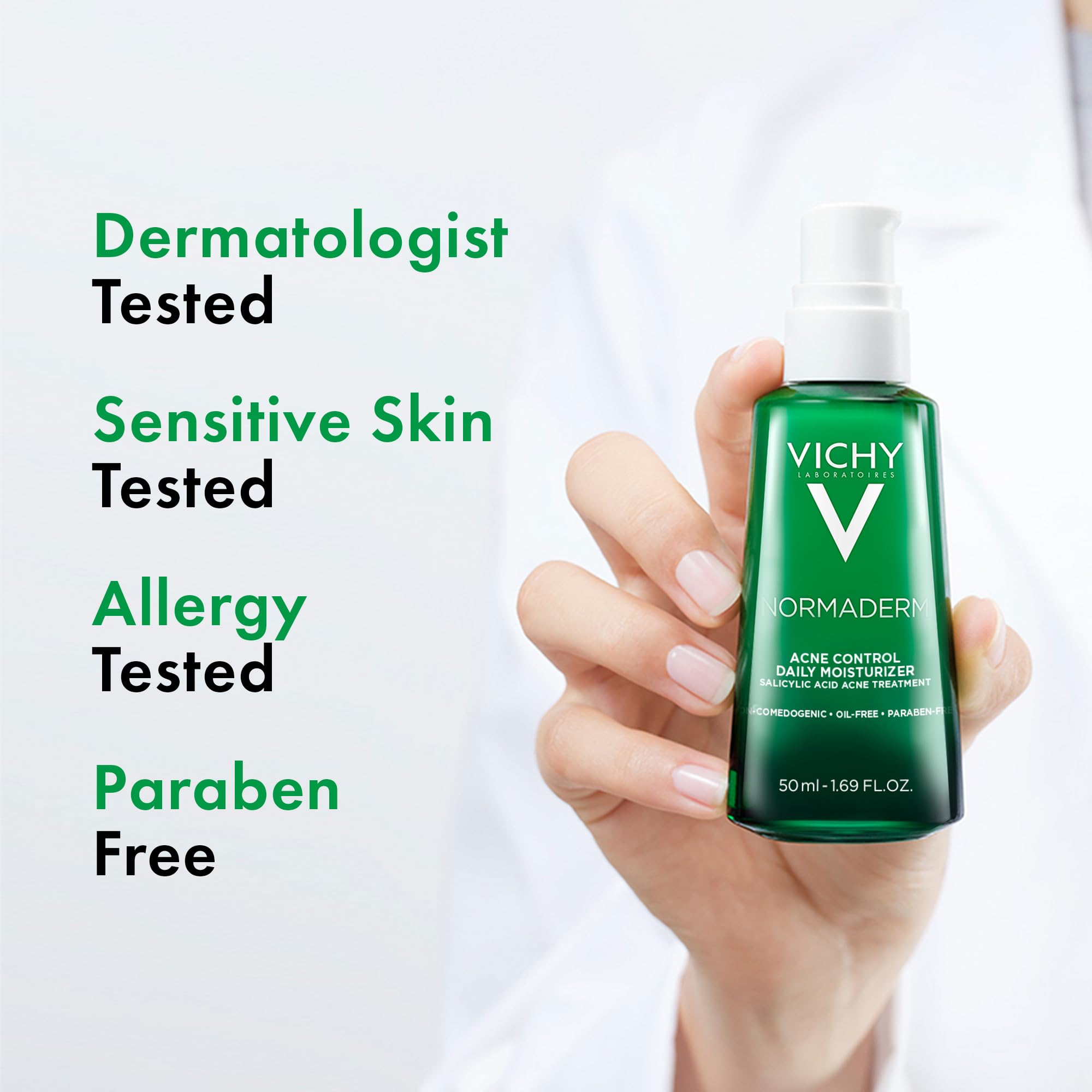Mineral-rich volcanic water badge on Vichy Normaderm packaging.