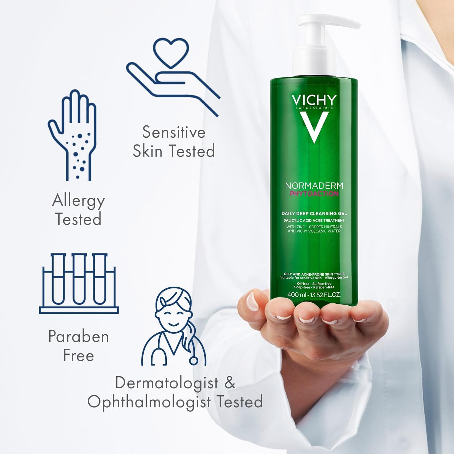 VICHY Normaderm translucent foam forms during cleansing rinse.
