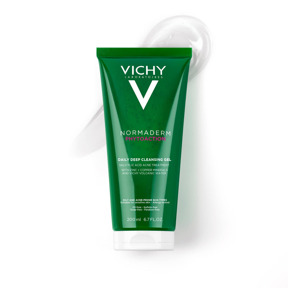 VICHY Normaderm: botella de gel limpiador para piel grasa, sensación fresca.
