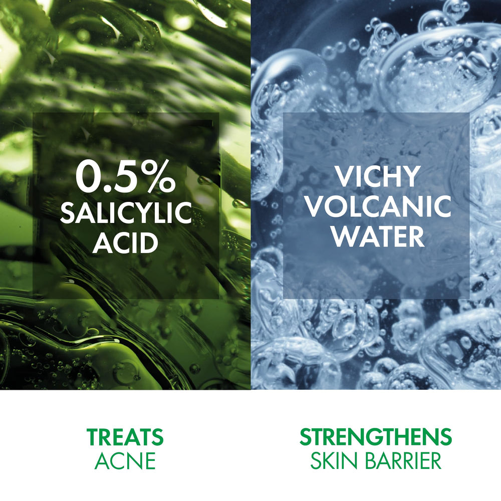 VICHY Normaderm gel close-up highlighting salicylic acid and mineral actives.