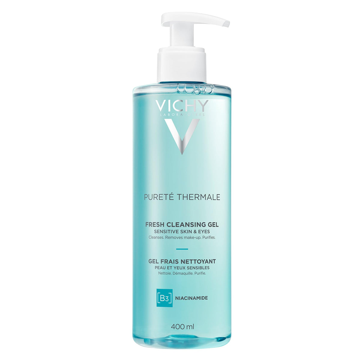 VICHY Pureté Thermale cleansing gel bottle, gentle formula for sensitive skin.