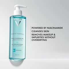 Close-up of VICHY Pureté Thermale gel texture for effortless cleansing.