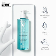 VICHY Pureté Thermale gel on skin removes makeup gently.