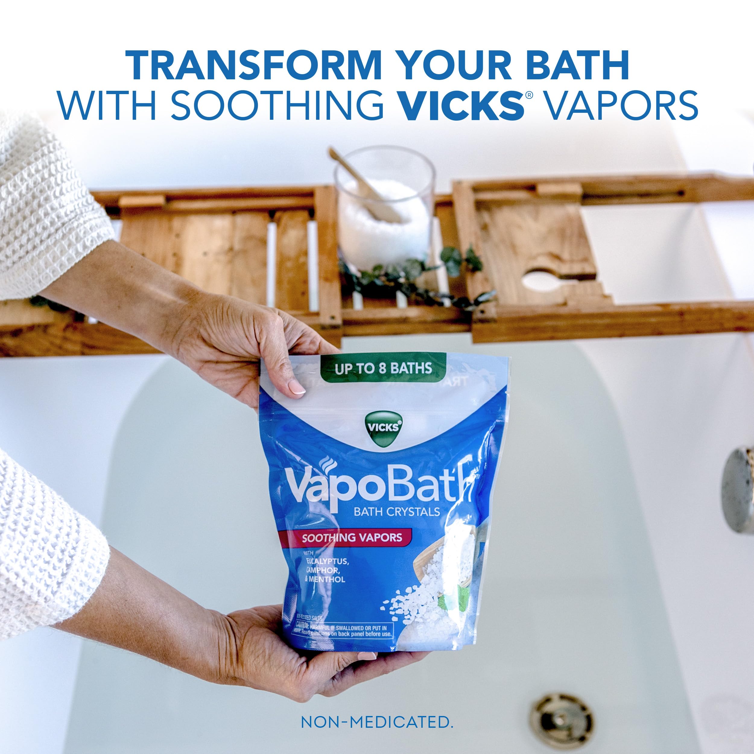 Vicks VapoBath aromas de eucalipto y mentol para una experiencia aromática.