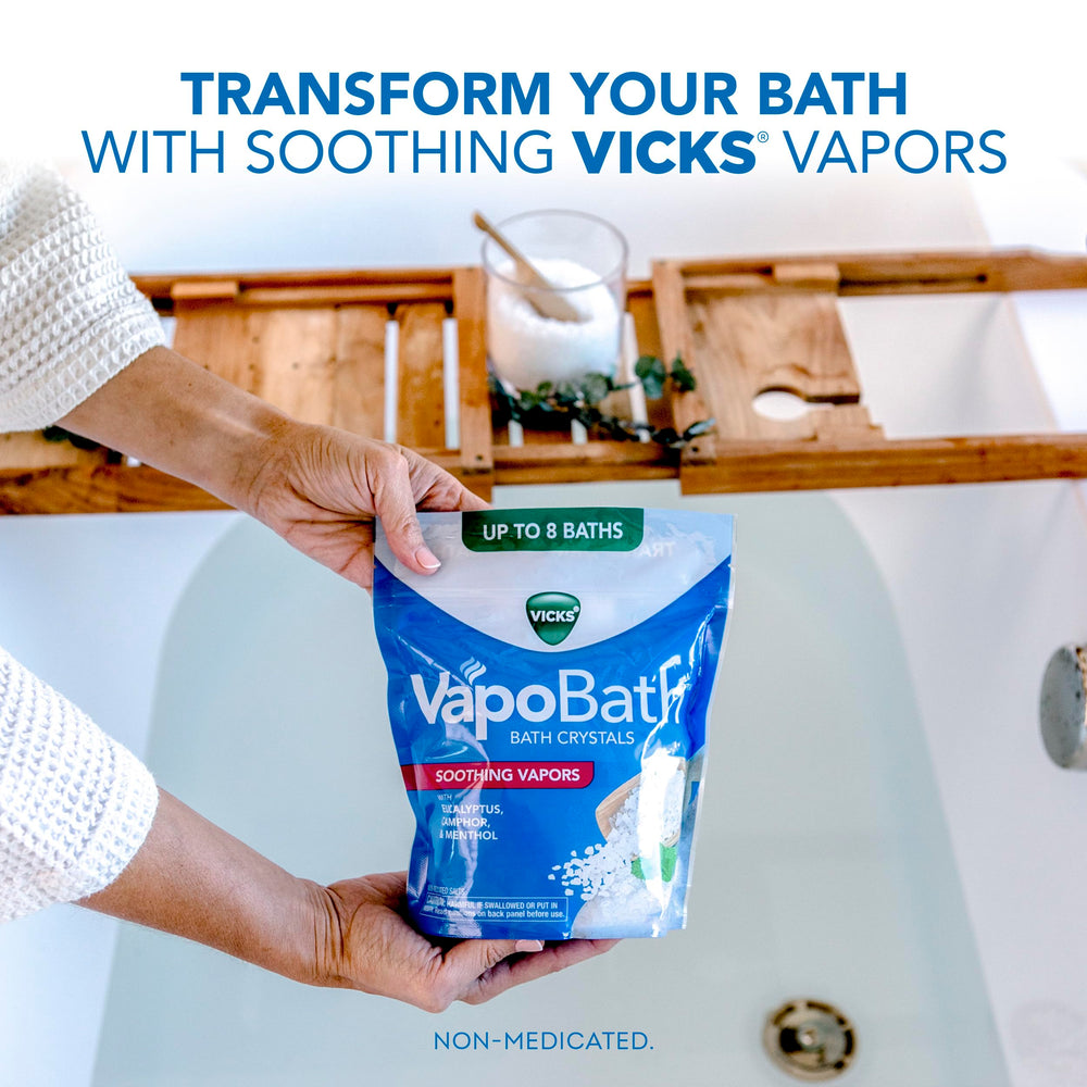 Vicks VapoBath aromas de eucalipto y mentol para una experiencia aromática.