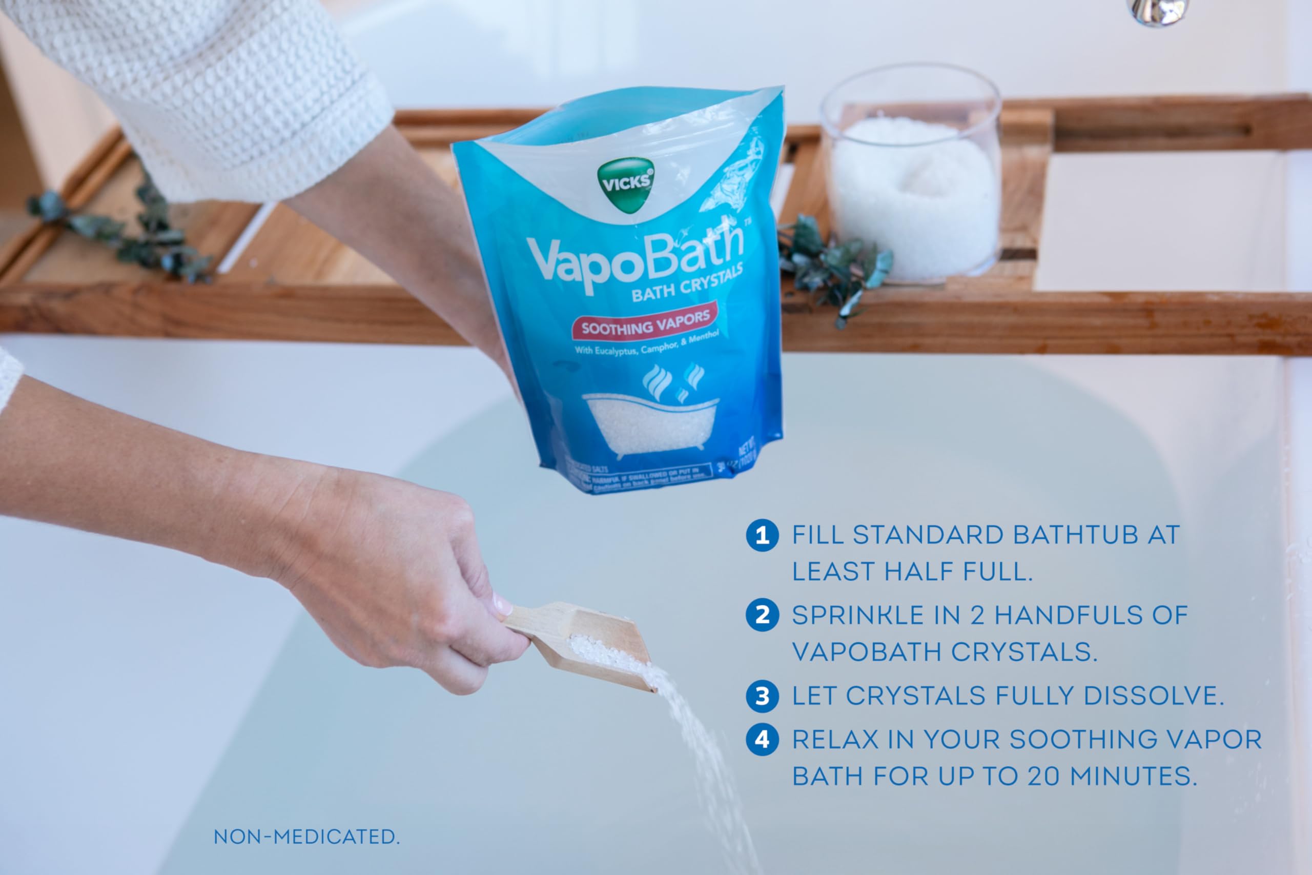 Vicks VapoBath baño de 20 minutos: ritual de relajación corto y agradable.