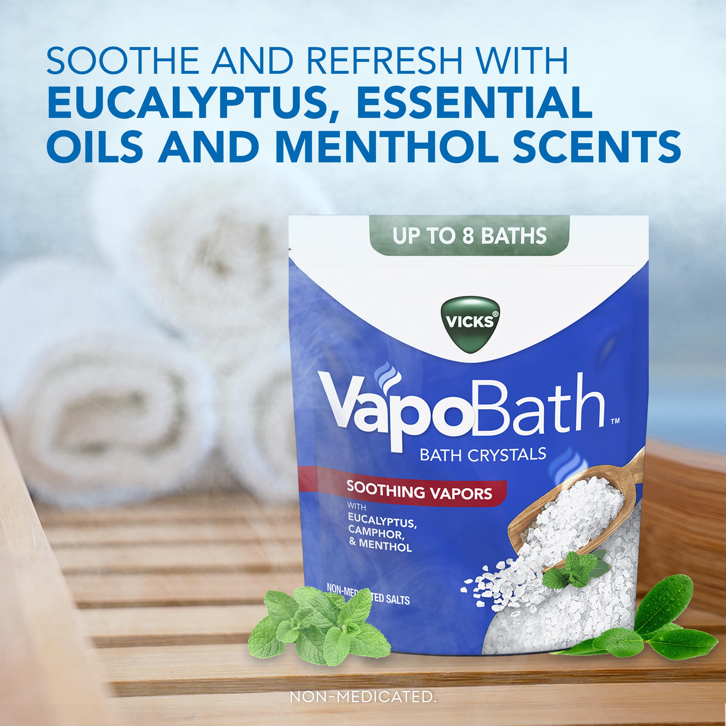 Vicks VapoBath disolución fácil en tina para vapores suaves.
