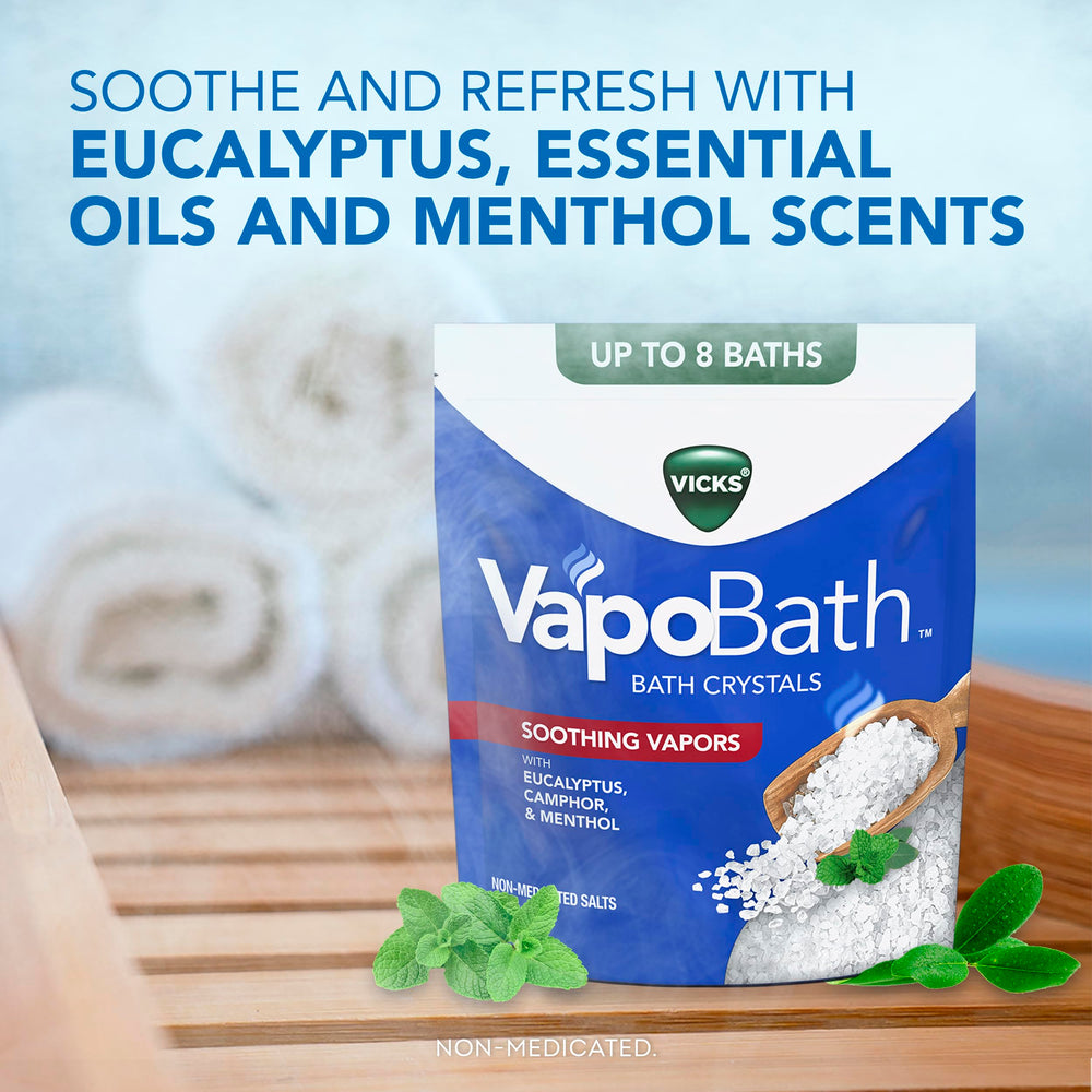 Vicks VapoBath disolución fácil en tina para vapores suaves.