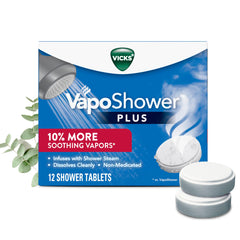 Vicks VapoShower Plus: tableta de ducha en el piso, activando vapores relajantes