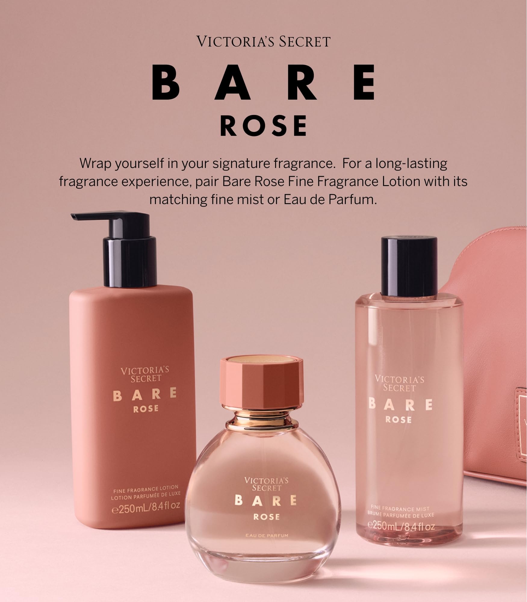 Victoria's Secret Bare Rose packaging at 8 oz highlights lightweight fragrance
