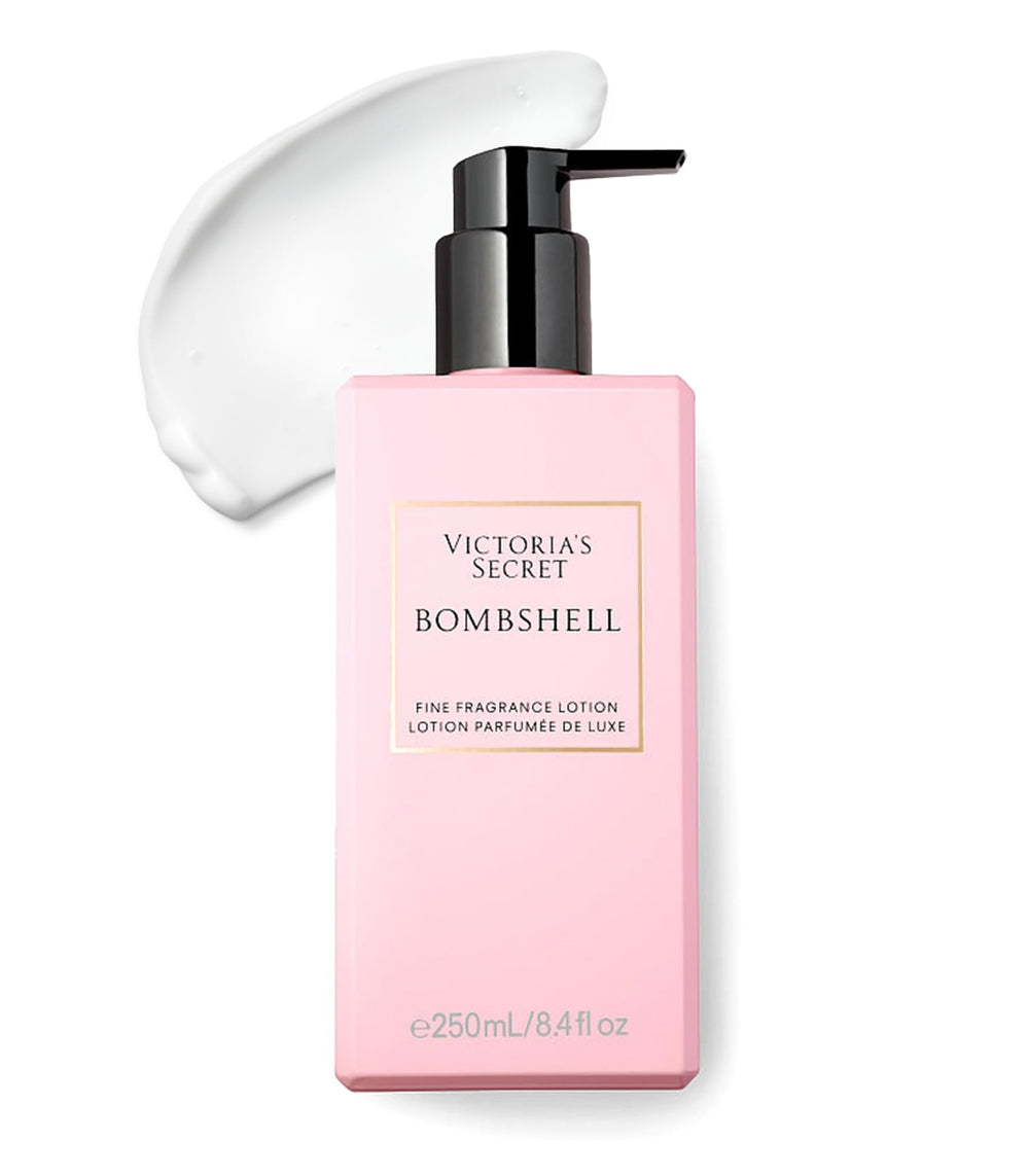 Victoria's Secret Bombshell Lotion bottle closeup for smooth, quick-absorbing hydration.