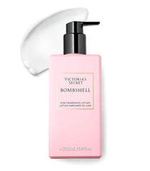 Victoria's Secret Bombshell Lotion bottle closeup for smooth, quick-absorbing hydration.