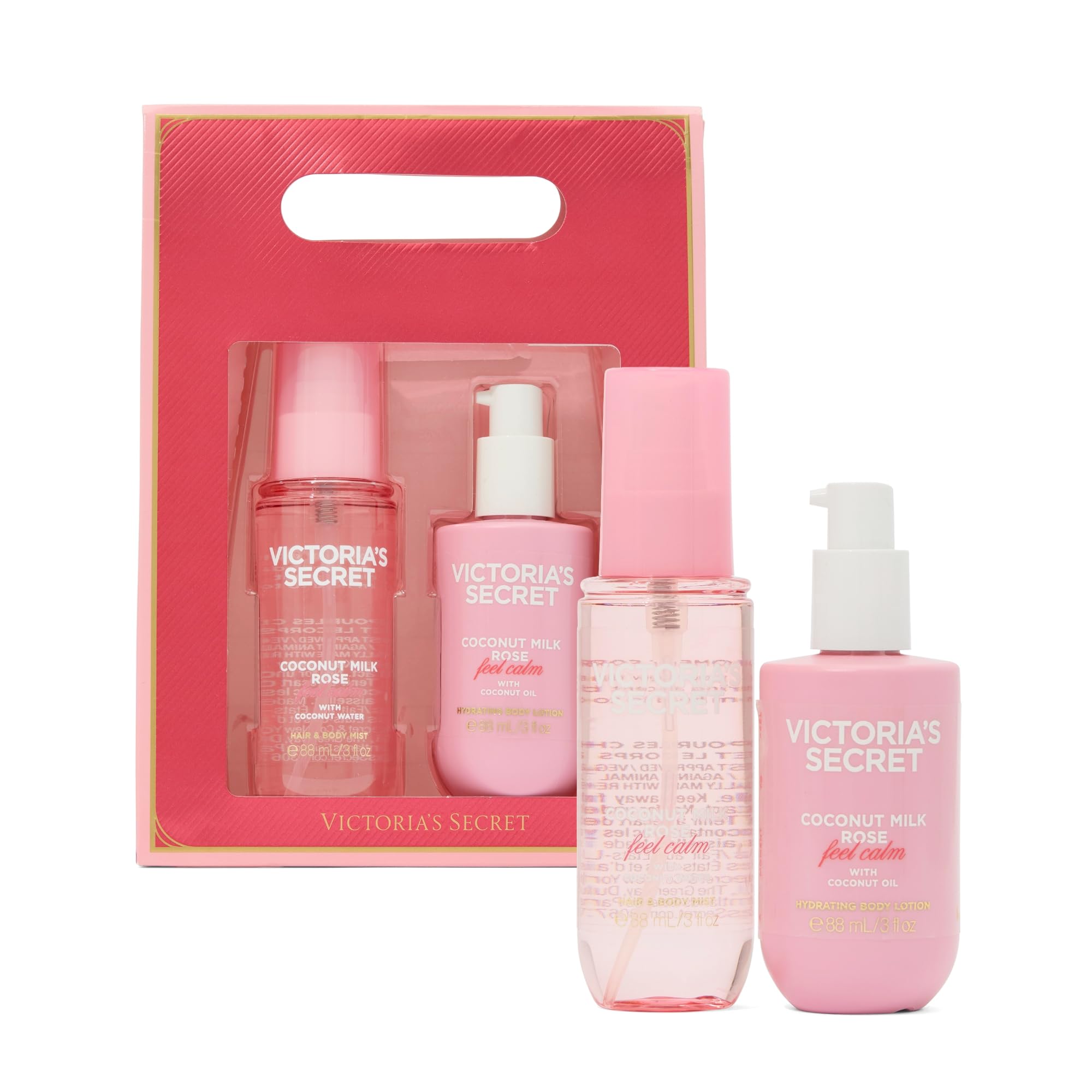 Victoria's Secret Coconut Milk Rose body mist bottle pour for a light, refreshing fragrance experience