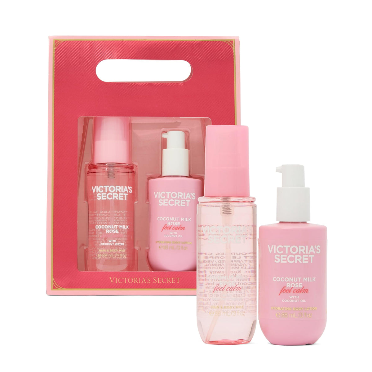 Victoria's Secret Coconut Milk Rose body mist bottle pour for a light, refreshing fragrance experience