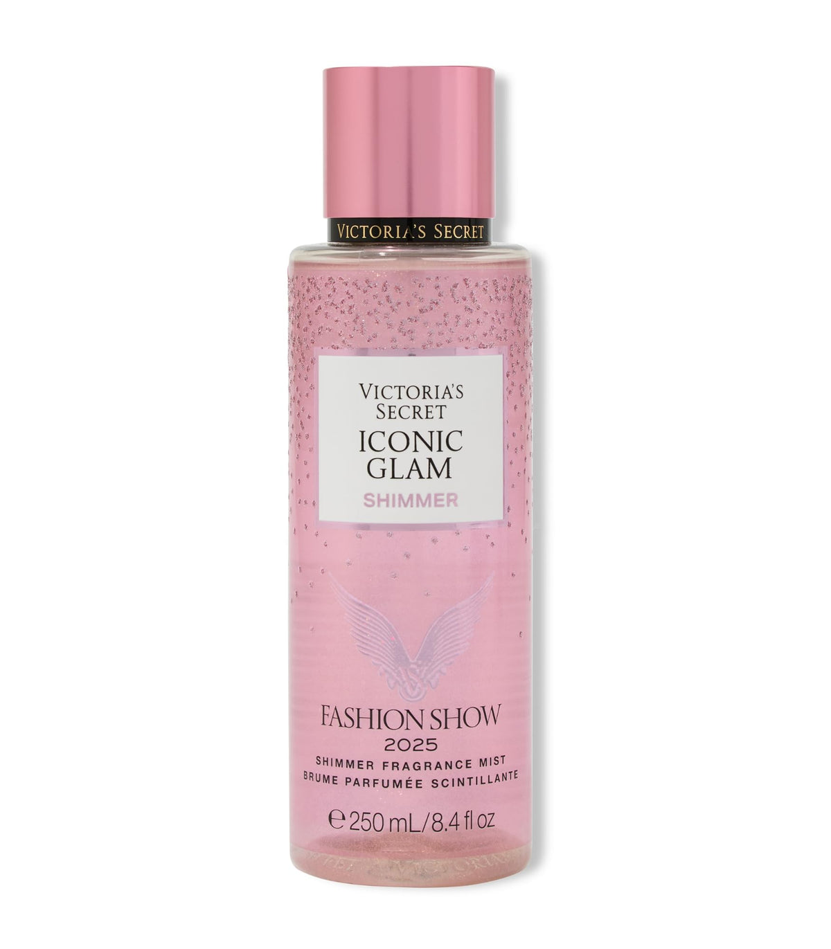 Victoria's Secret Fashion Show Iconic Glam Shimmer Mist bottle offers radiant evening glow.