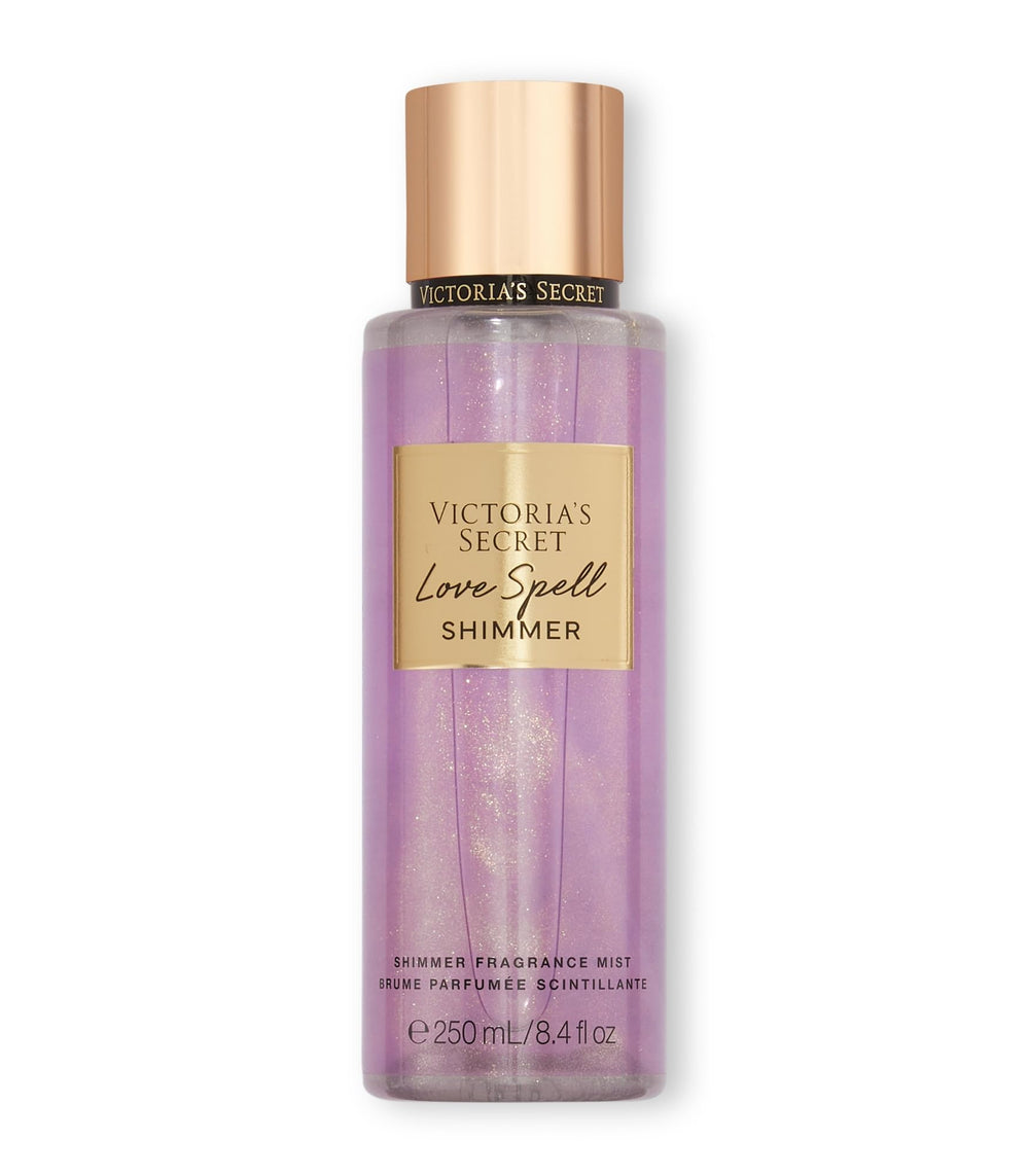 Victoria's Secret Love Spell Shimmer Mist bottle highlighting cherry blossom and peach for everyday freshness.