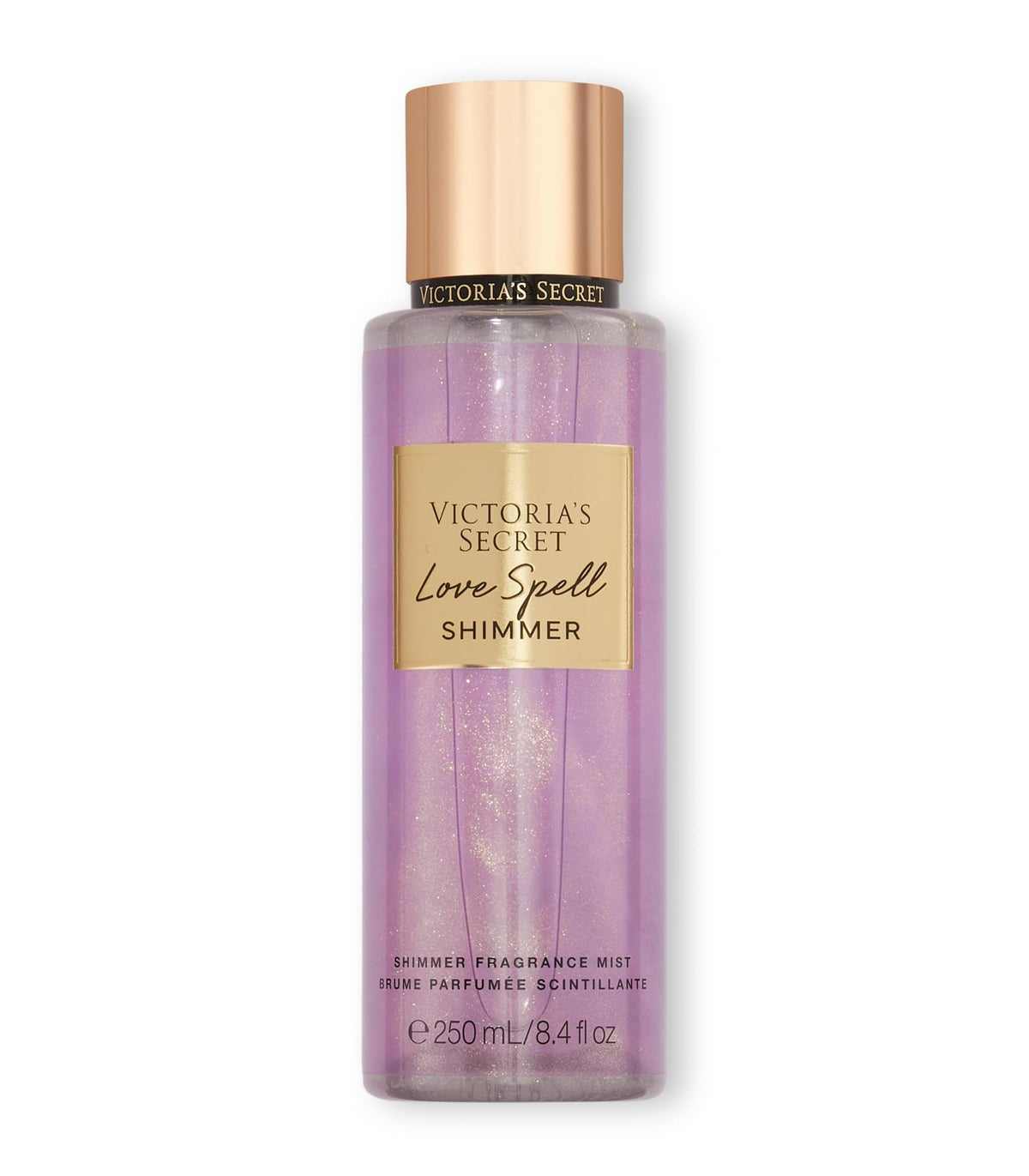 Victoria's Secret Love Spell Shimmer Mist bottle highlighting cherry blossom and peach for everyday freshness.