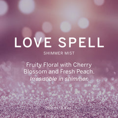 Victoria's Secret Love Spell Shimmer Mist front label showing cherry blossom and peach notes.