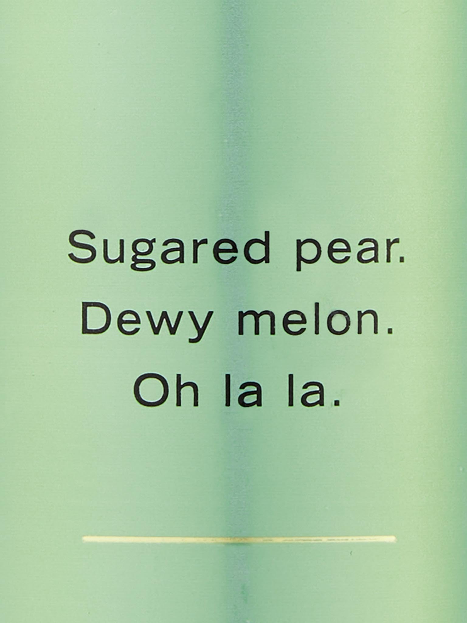 Victoria's Secret Pear Glace bottle back view, hints of sugared pear and dewy melon.