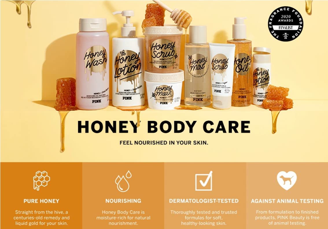 Victoria's Secret Pink Honey bottle close-up, essential oils infusion.