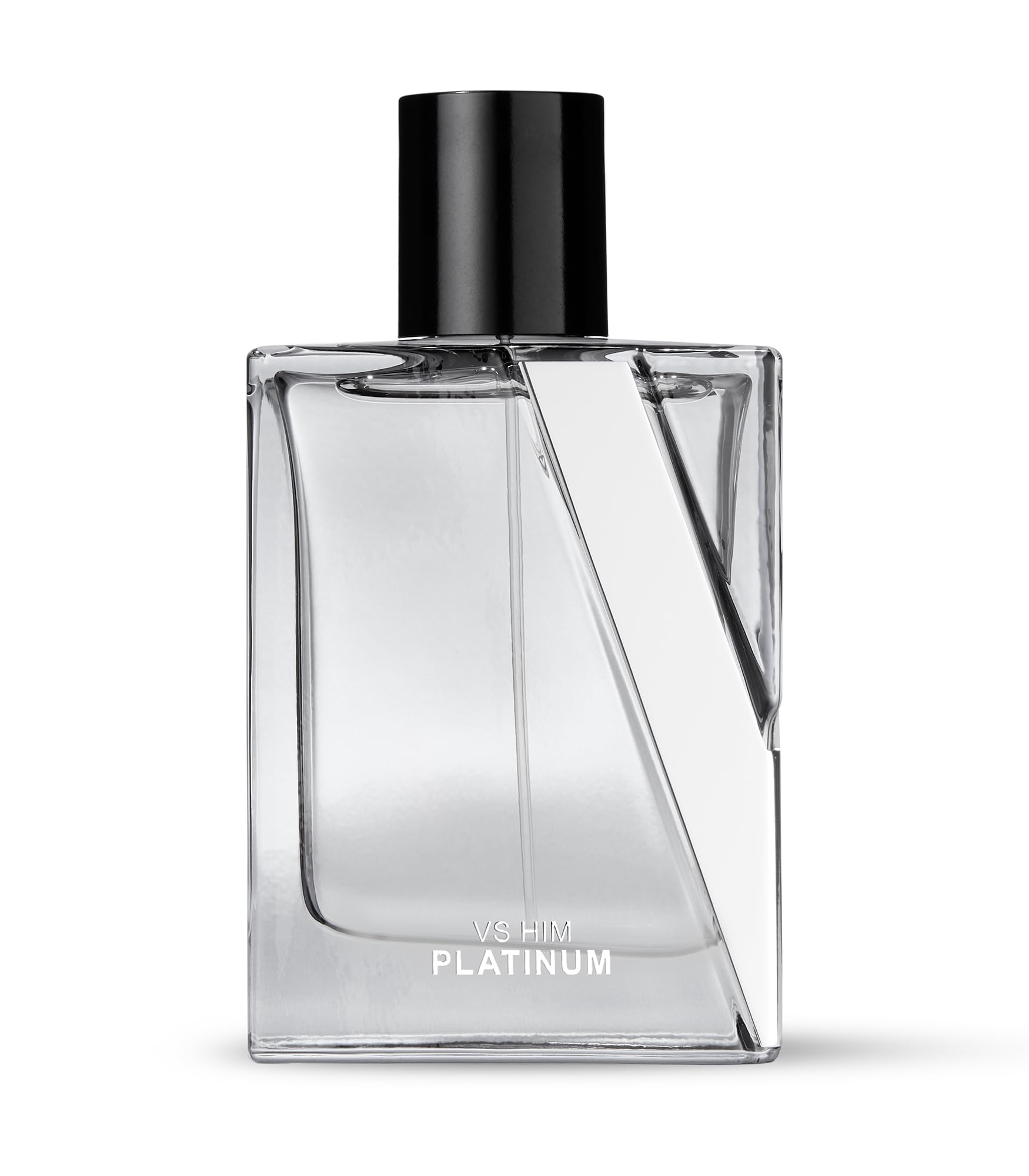 Victoria's Secret VS Him Platinum bottle close-up reveals woody notes and pepper warmth.