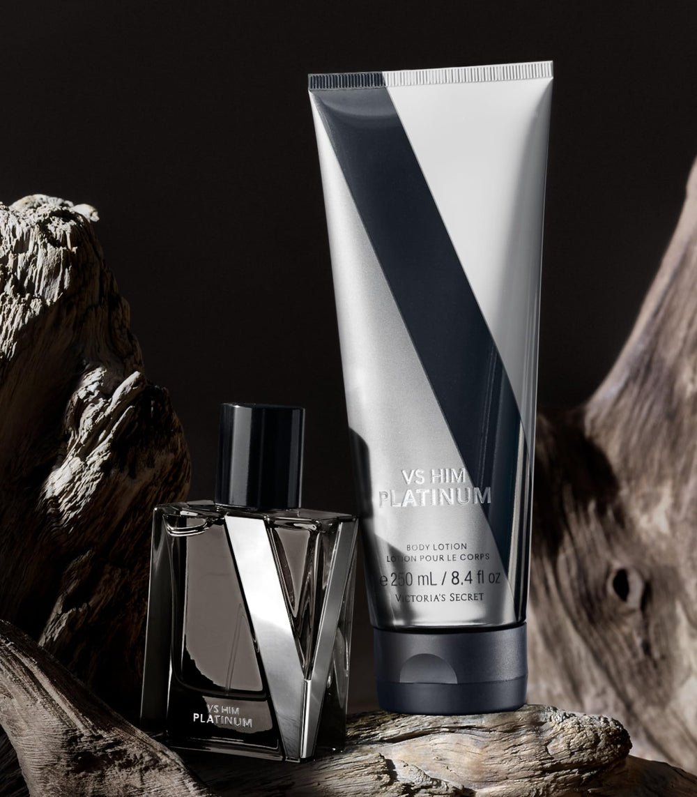 Victoria's Secret VS Him Platinum in-use shot with lotion pairing demonstrates layering potential.
