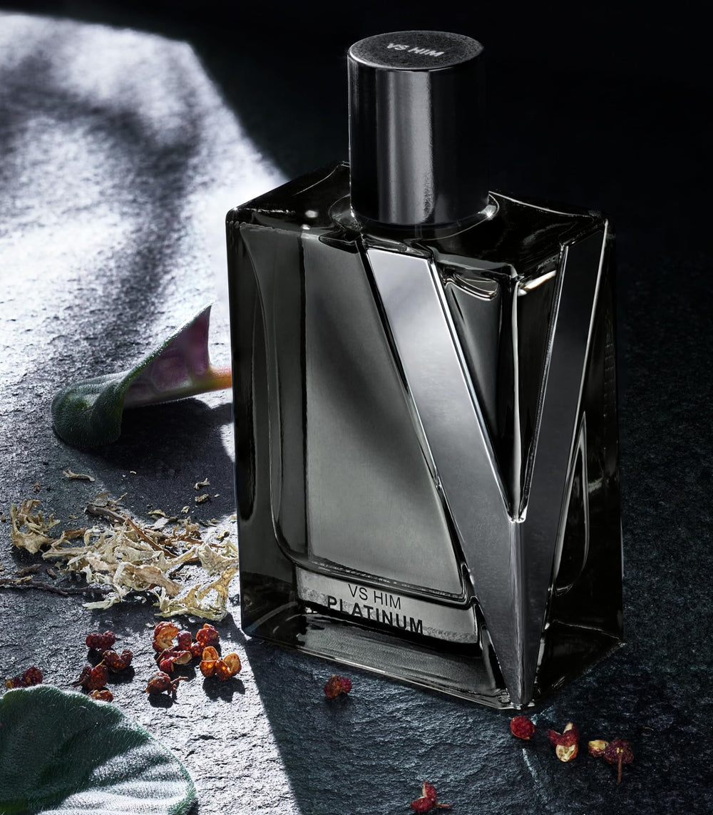 Victoria's Secret VS Him Platinum packaging and label close-up signals quality and sophistication.