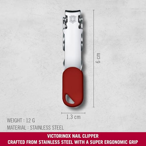 Closeup of the stainless steel Victorinox nail clipper for precise trimming.