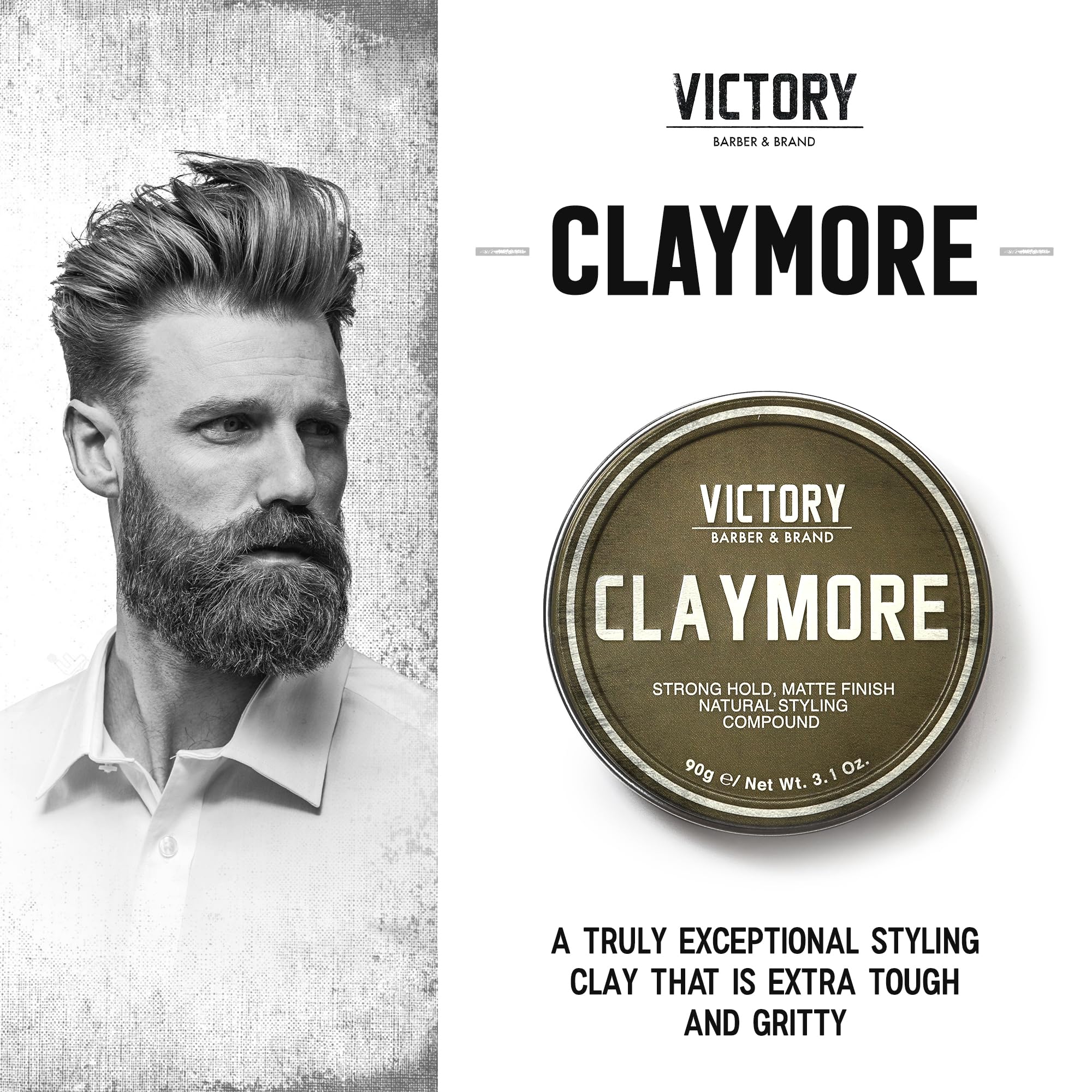 Victory Claymore bottle close-up emphasizes matte finish and oil-absorbing clay.
