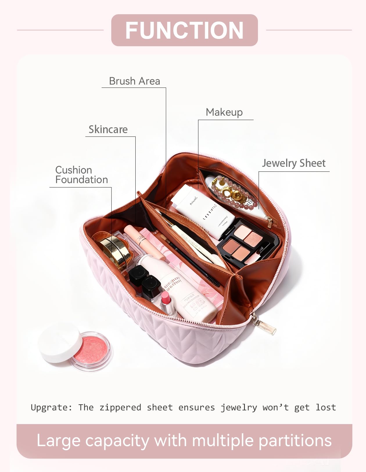 VIDIBESTY cosmetic bag waterproof PU leather keeps cosmetics protected during travel.