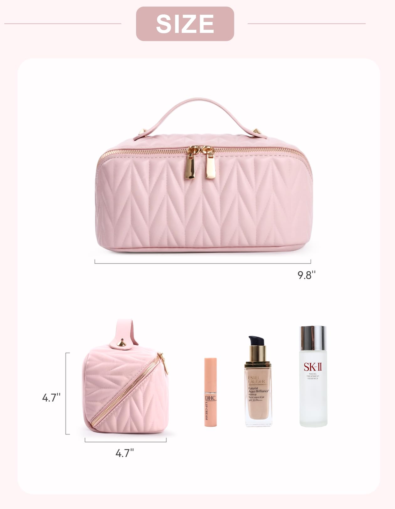 VIDIBESTY pink travel toiletry bag with handle for easy carry on trips.