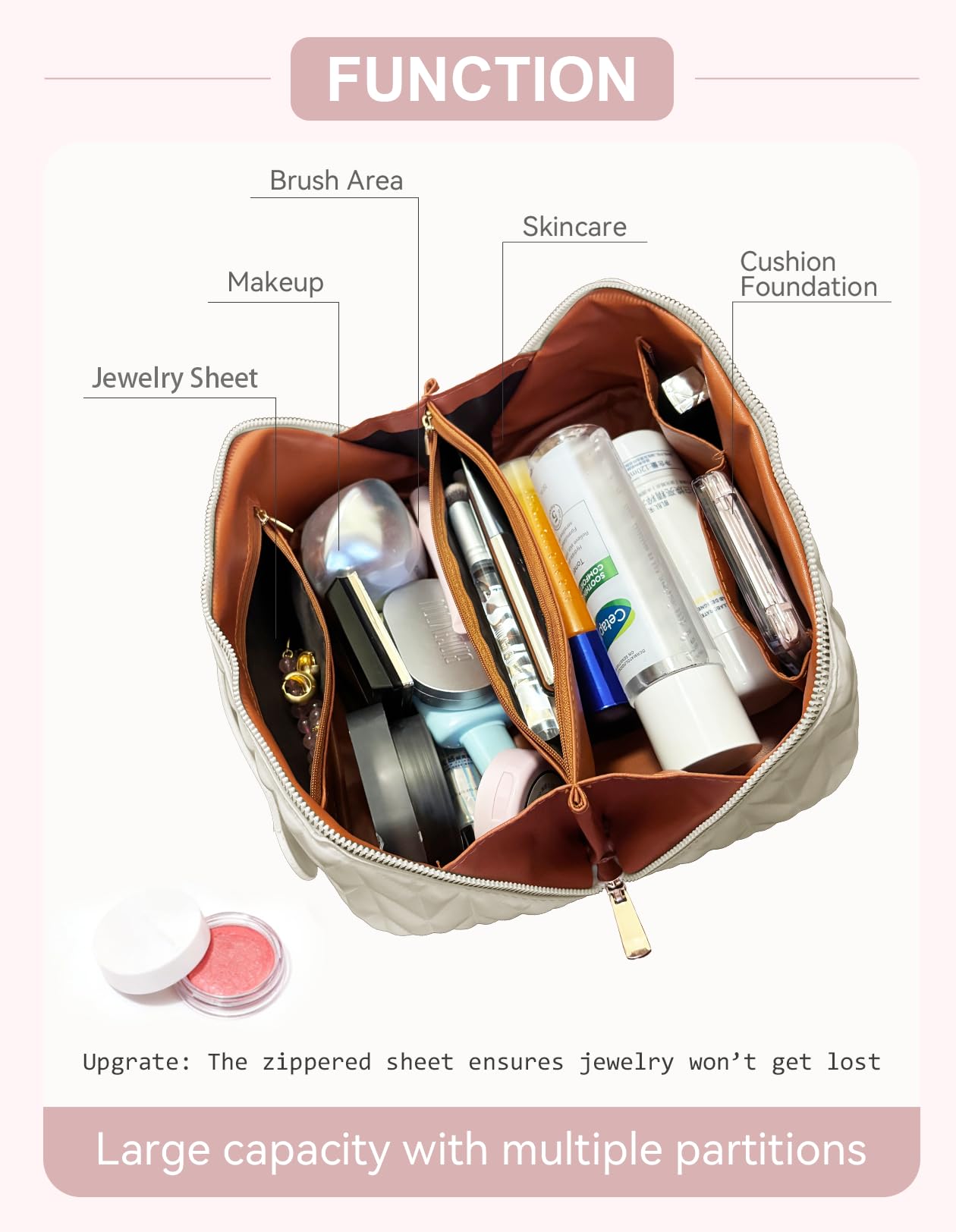 VIDIBESTY Travel Makeup Bag interior pockets keep items organized