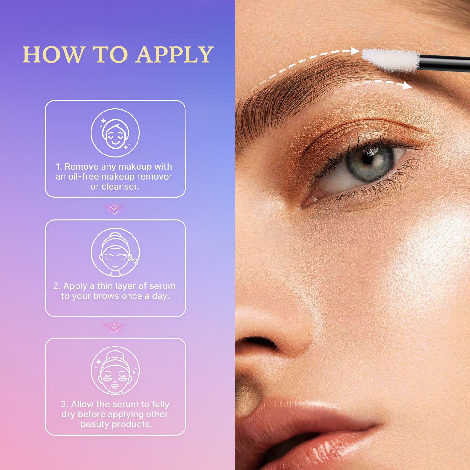Morning routine featuring VieBeauti serum for everyday brow care.