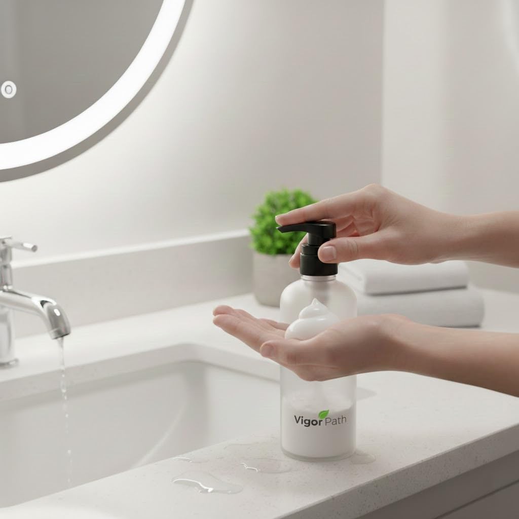VIGOR PATH universal dispenser pump mounted on bottle at sink for shampoo and conditioner