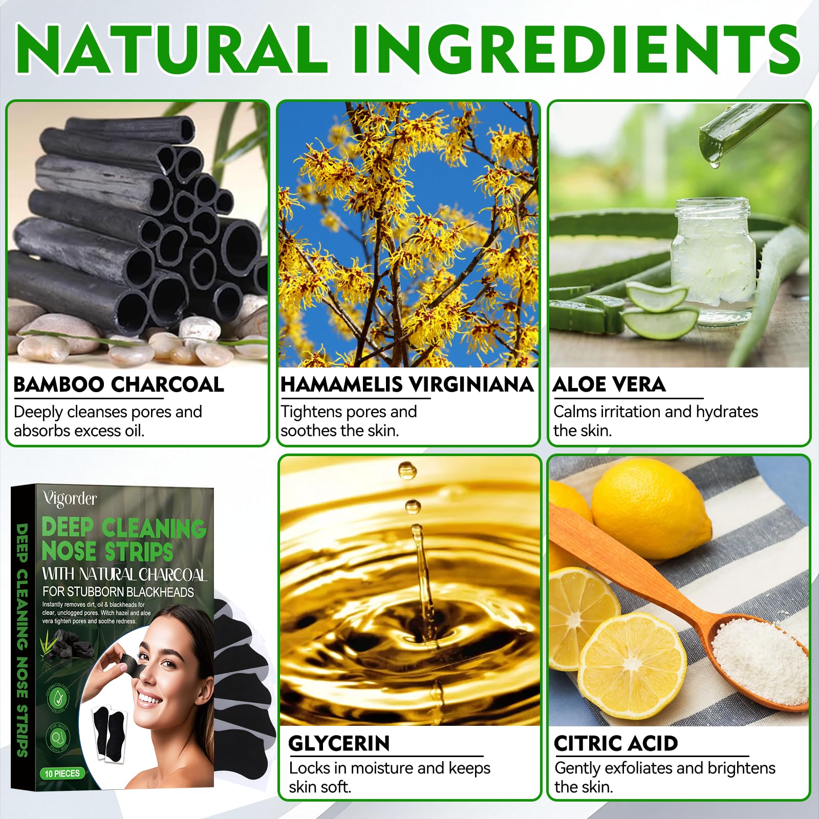 Vigorder Nariz Strip: fórmula carbón bambú natural sin alcohol ni fragancias.