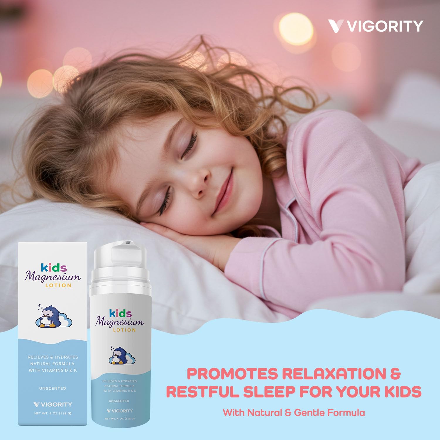 Lotion de magnesio Vigority, aplicación suave en niños, calma antes de dormir.