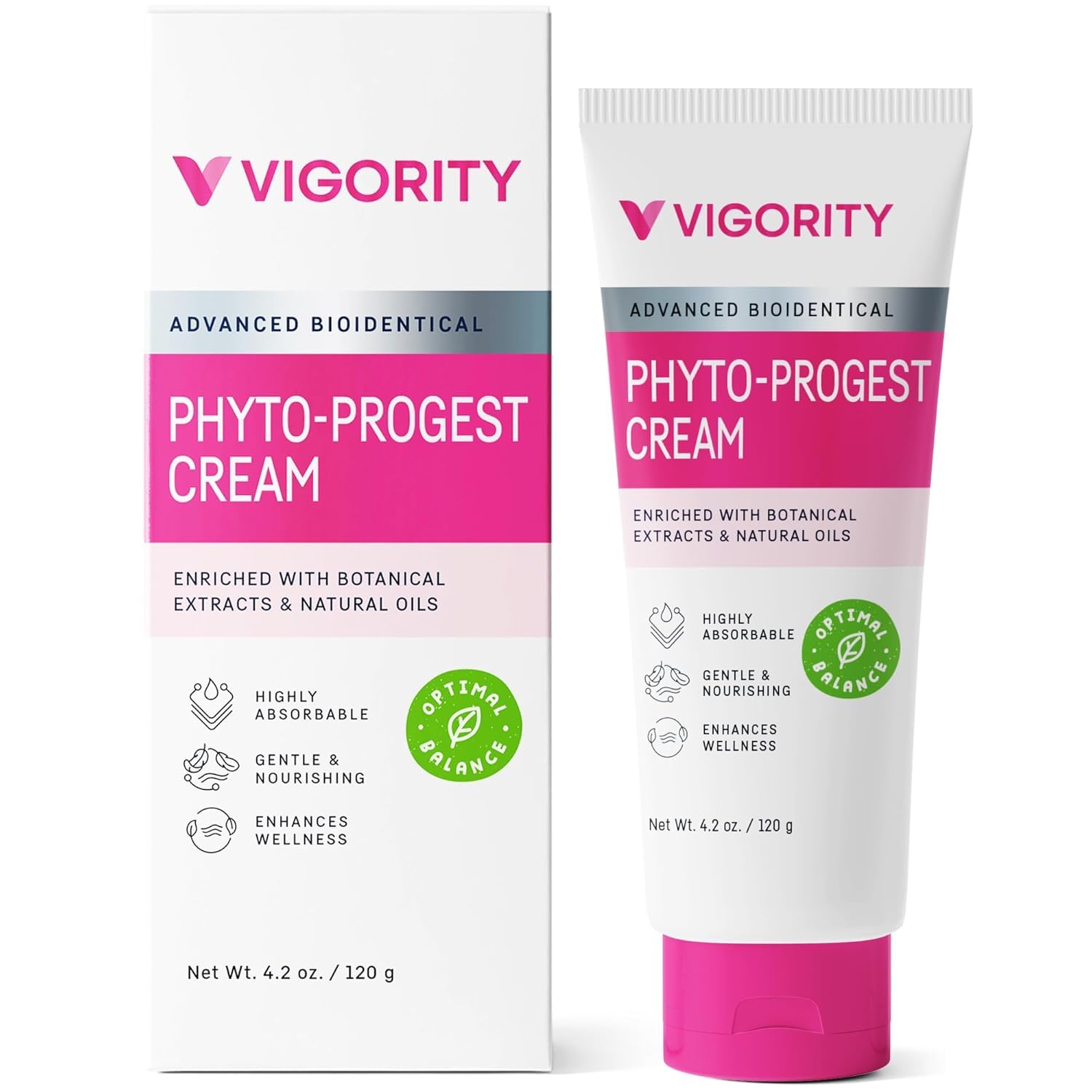 Vigority Phyto-Progest Cream bottle close-up showing gentle hydration for the skin.