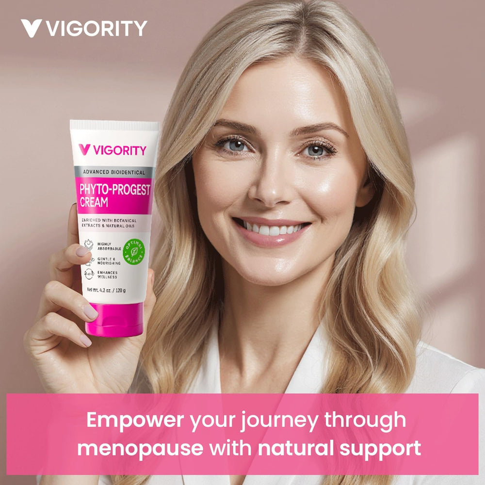 Vigority Phyto-Progest Cream being applied to hands for moisturized feel.