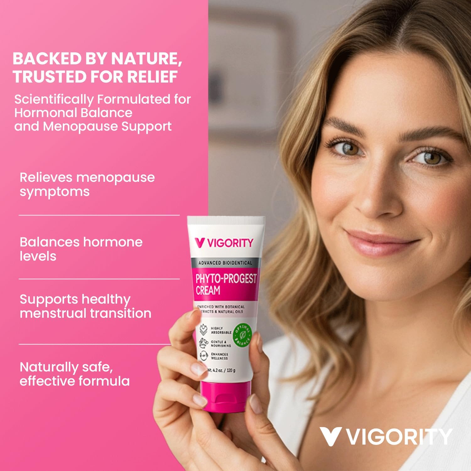 Vigority Phyto-Progest Cream with natural oils highlighting plant-based nourishment.